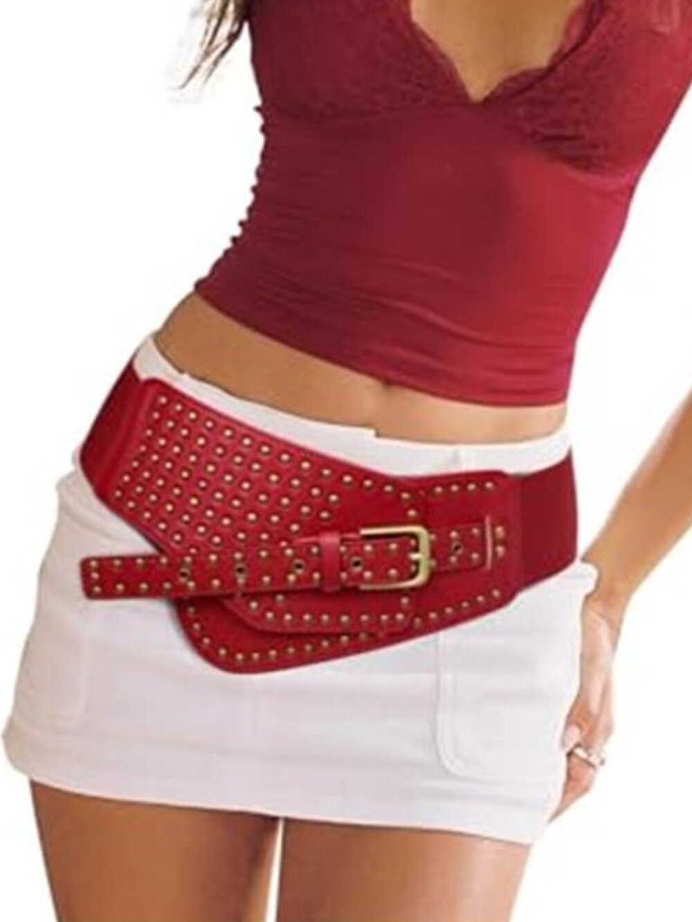 Women Elastic Wide Red Belt Vintage Studded Stretchy Waist Belts for Dress Pants